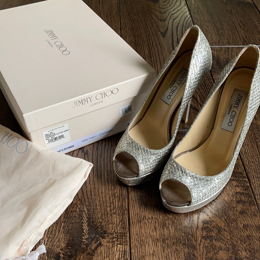 JIMMY CHOO silver champagne peep toe heels pumps